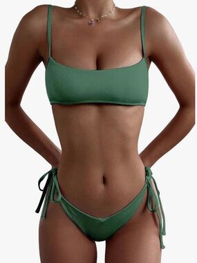 MakeMeChic Women's 2 Piece Bathing Suits Ribbed Tie Side Thong Bikini Set